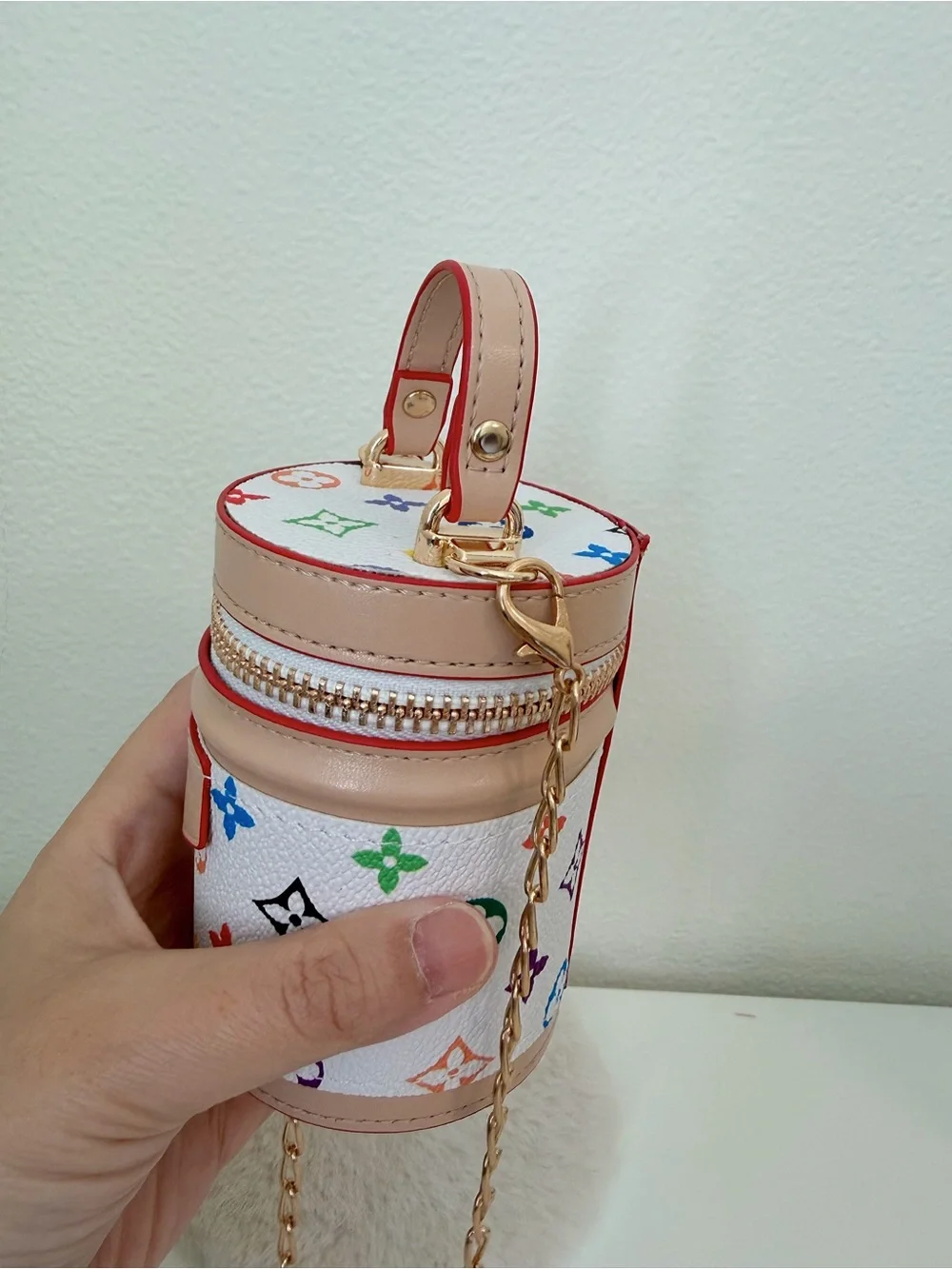 Mini White Multicolor Bucket Bag Charm Crossbody Coin Purse Card Holder